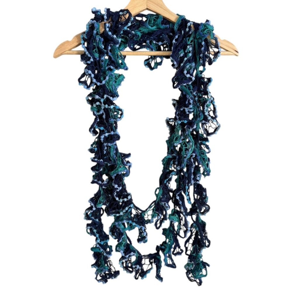 Ruffle Crochet Ribbon Skinny Scarf Blue Y2K Quirky Twee Kidcore
